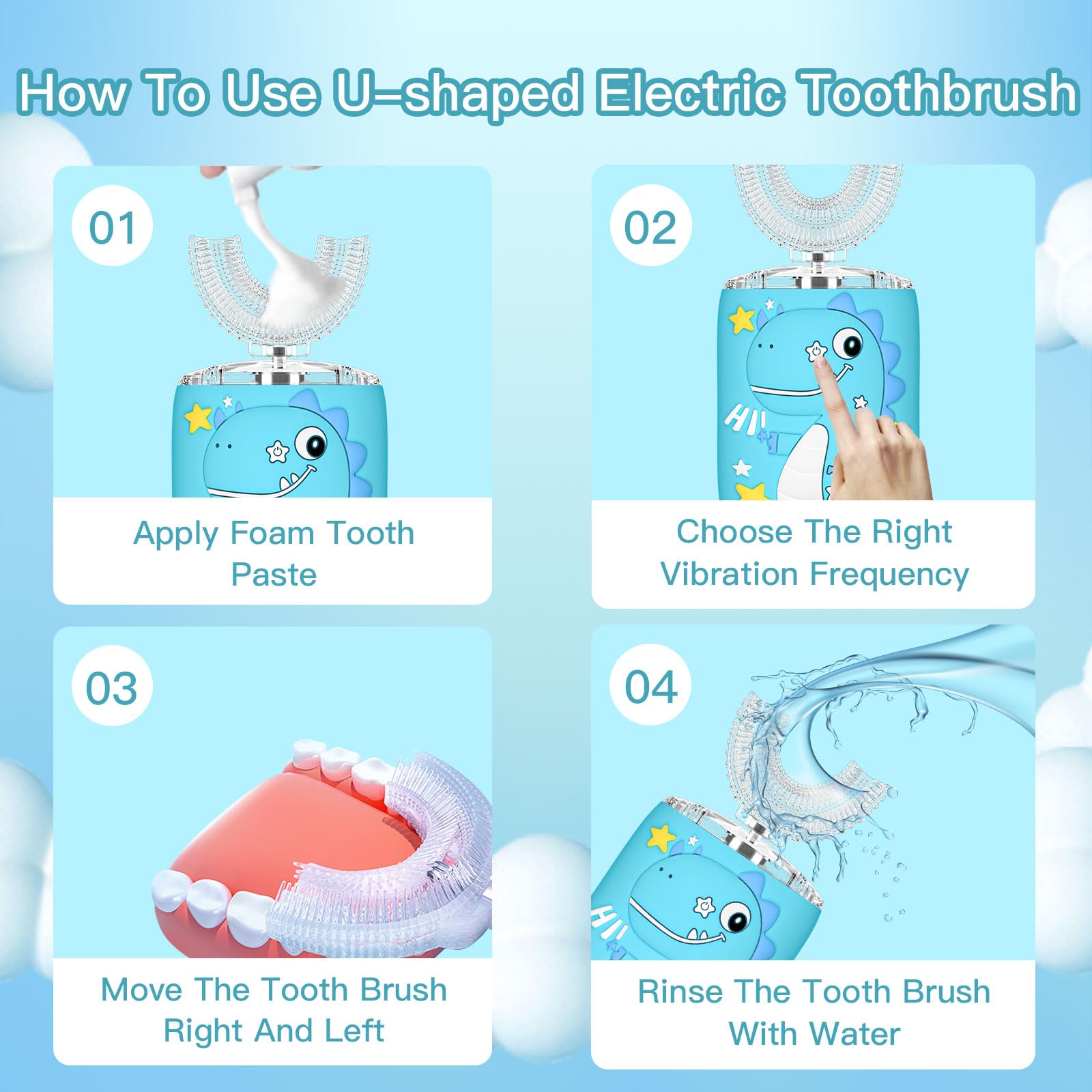 PVOGRT Kids Electric U-Shaped Toothbrush - 6 Cleaning Modes, 360° Sonic Cleaning, IPX7 Waterproof, Age 2-7, Blue