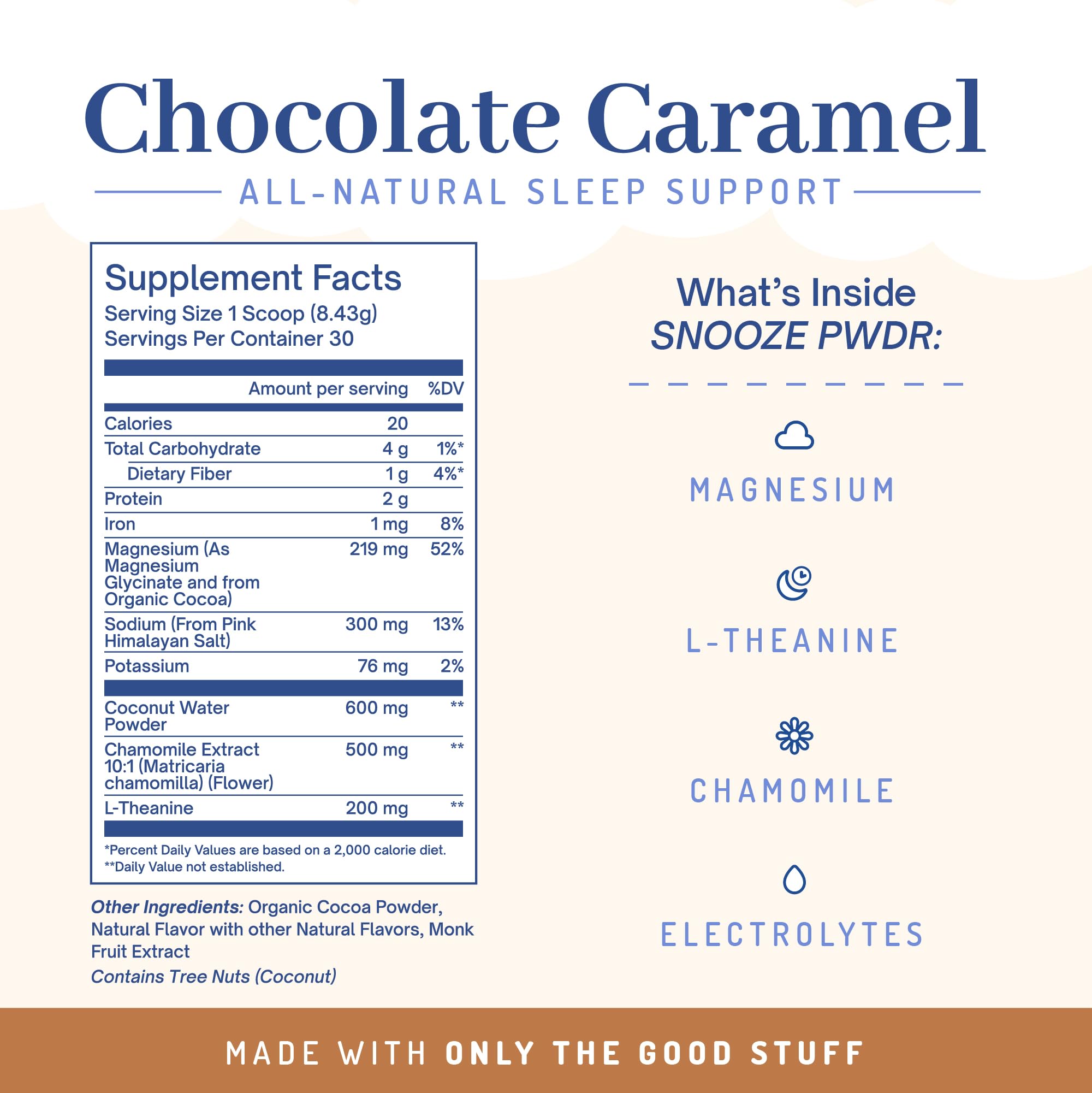 PWDRS Snooze Sleepy Time Hot Chocolate – All-Natural Sleep Support | 20 Calories | Non-GMO | Chocolate Caramel