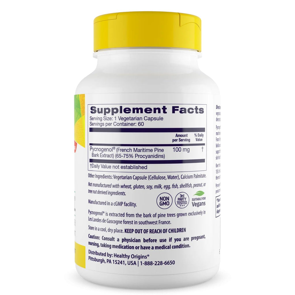 Healthy Origins Pycnogenol 100 mg – Pine Bark Extract, Non-GMO, 60 Veggie Caps