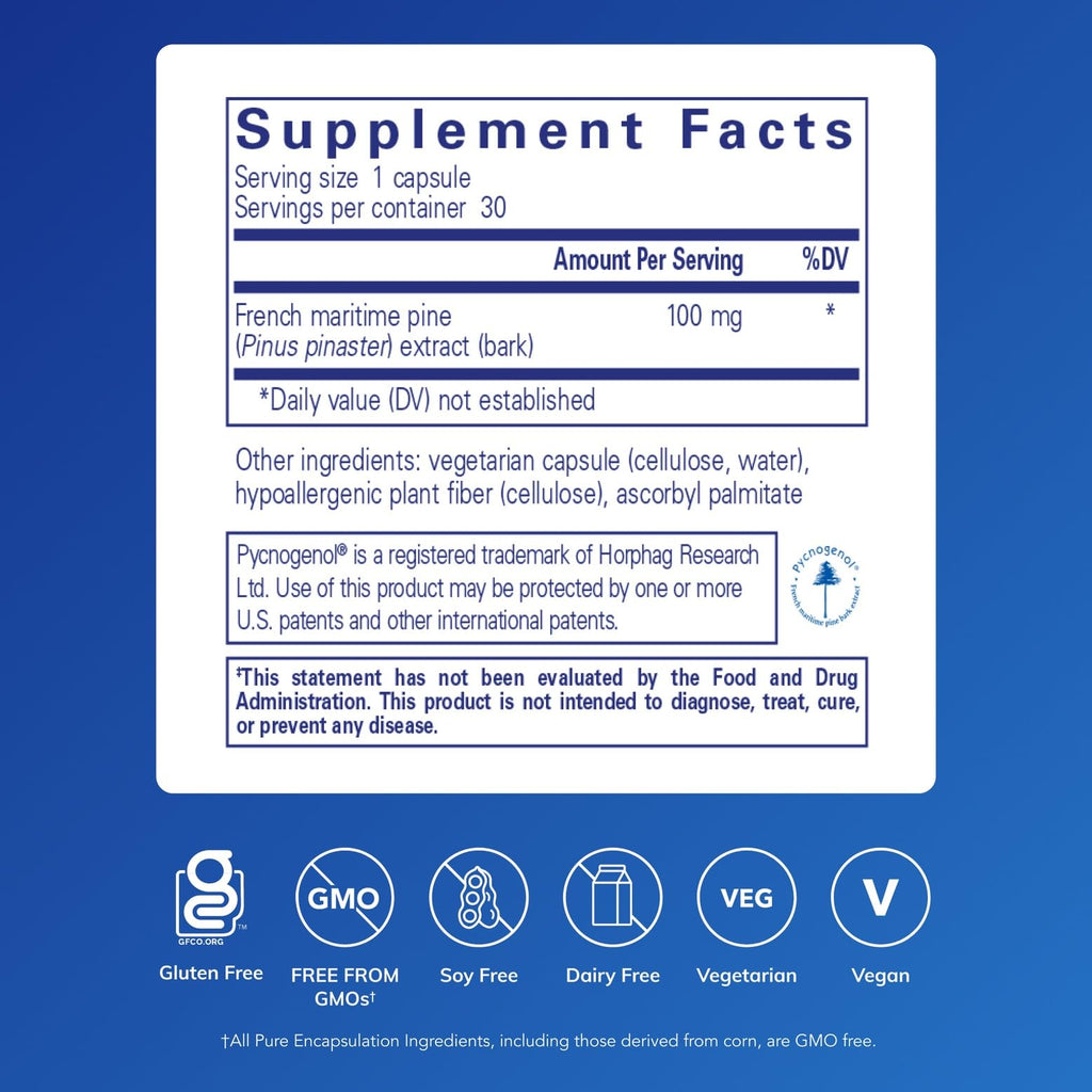 Pure Encapsulations Pycnogenol 100 mg | Hypoallergenic Vascular Health & Antioxidant Support | 30 Capsules