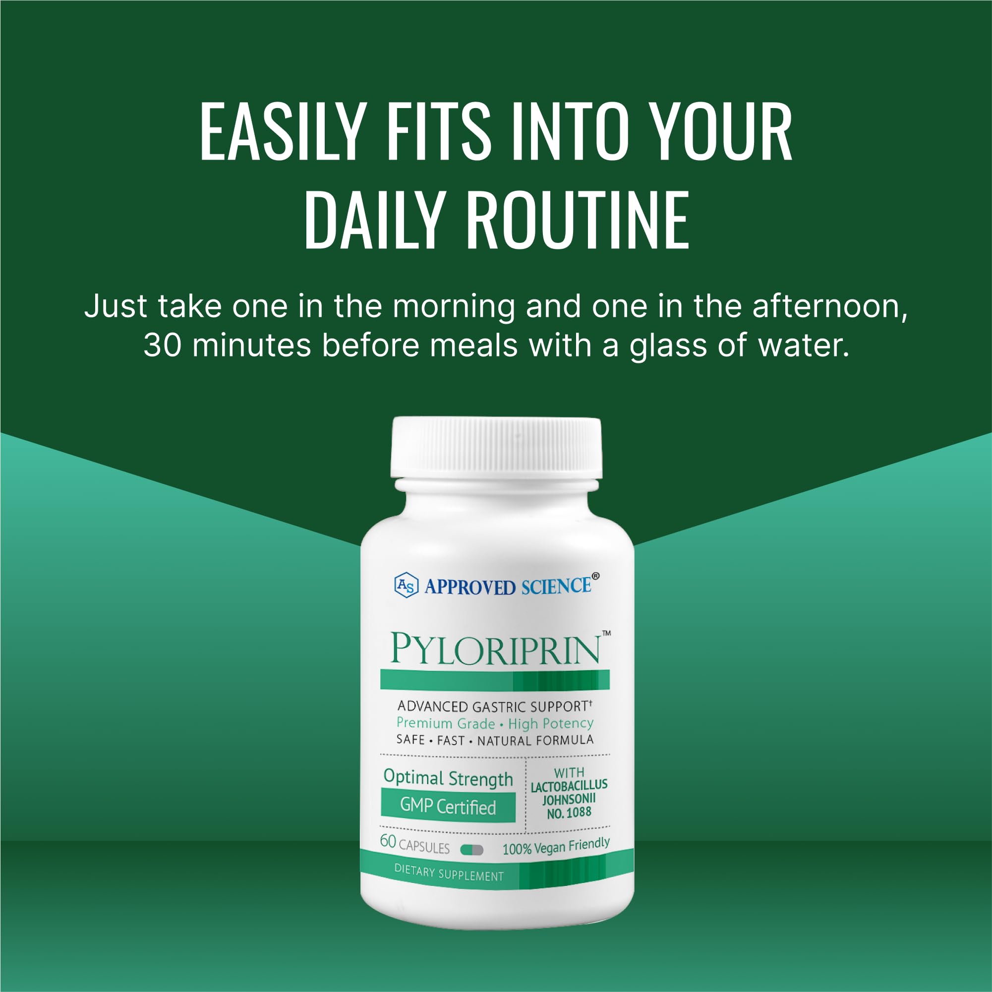 Approved Science Pyloriprin - Advanced Digestive Support (Zinc L-Carnosine, Probiotic, Broccoli Sprout, Deglycyrrhized Licorice) - 60 Vegan Capsules