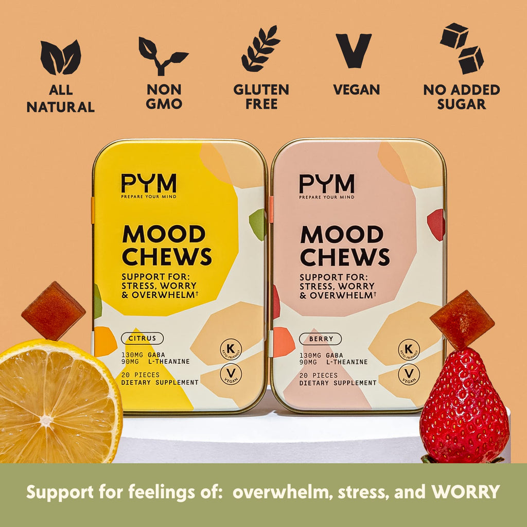 PYM Berry Mood Chews – 60 Count | 130mg GABA, 90mg L-Theanine | Vegan, Non-GMO, Gluten-Free | Made in USA