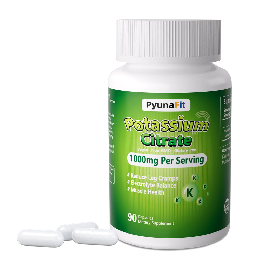 PYUNAFIT Potassium 1000mg – High Potassium Citrate for Leg Cramps, Muscle & Heart Health, 90 Capsules