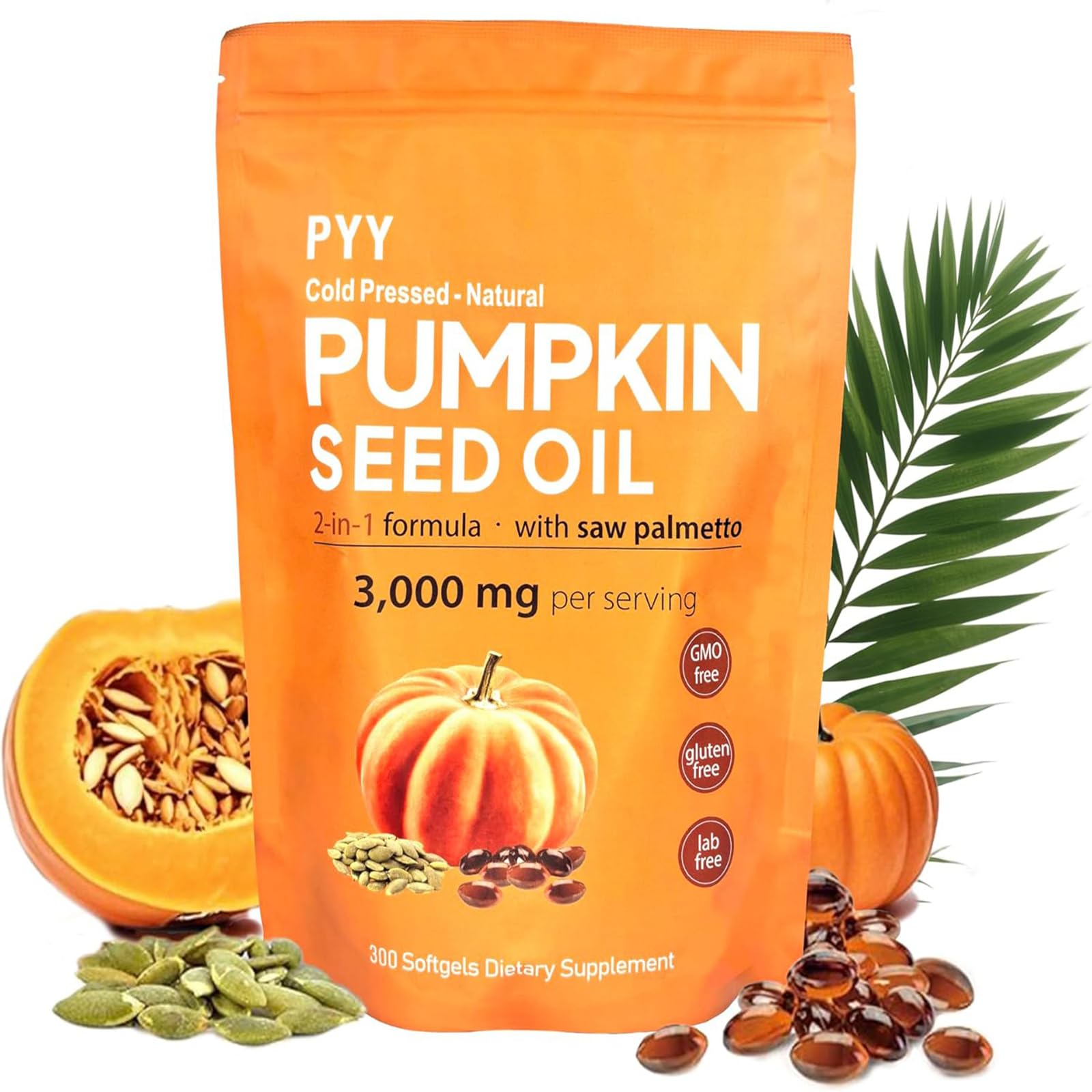 PYY Cold-Pressed Pumpkin Seed Oil & Saw Palmetto Softgels | 300 Counts | Rich in Essential Fatty Acids & Phytosterols | Promotes Healthy Hair, Urinary Function, Bladder & Prostate Support