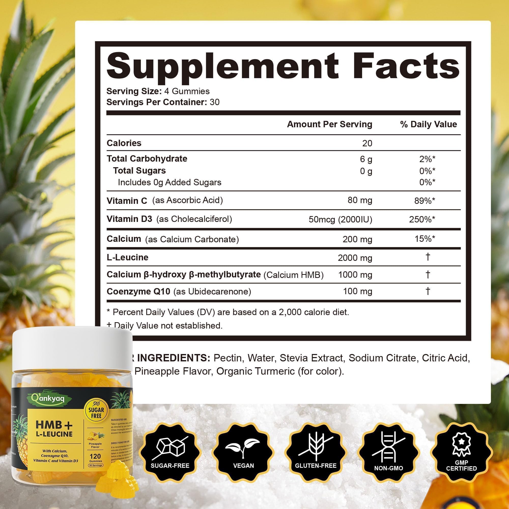Q'ankyaq 3000mg HMB Gummies – Muscle Growth & Recovery, Vitamin D3, Sugar Free, 120 Counts