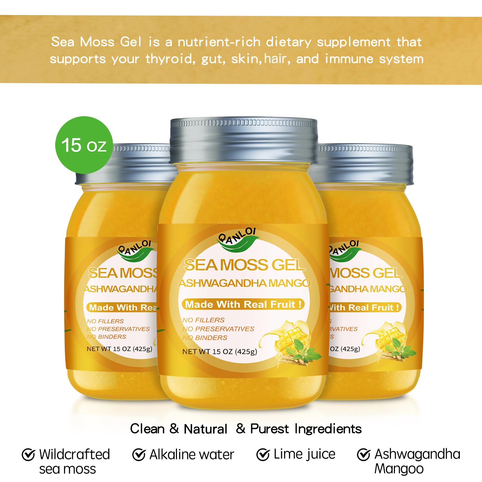 QANLOI Seamoss Gel with Irish Sea Moss - Immune Support, Ashwagandha Mango, 15oz