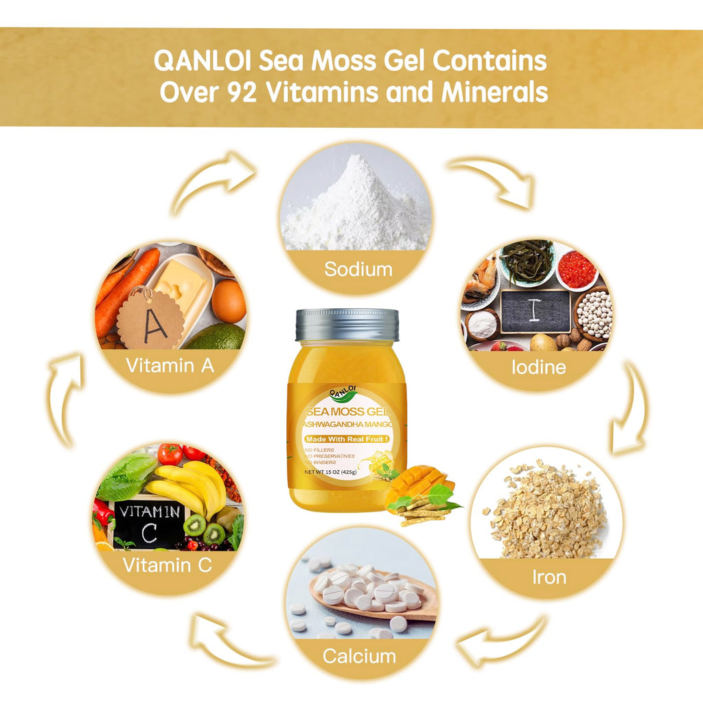 QANLOI Seamoss Gel with Irish Sea Moss - Immune Support, Ashwagandha Mango, 15oz