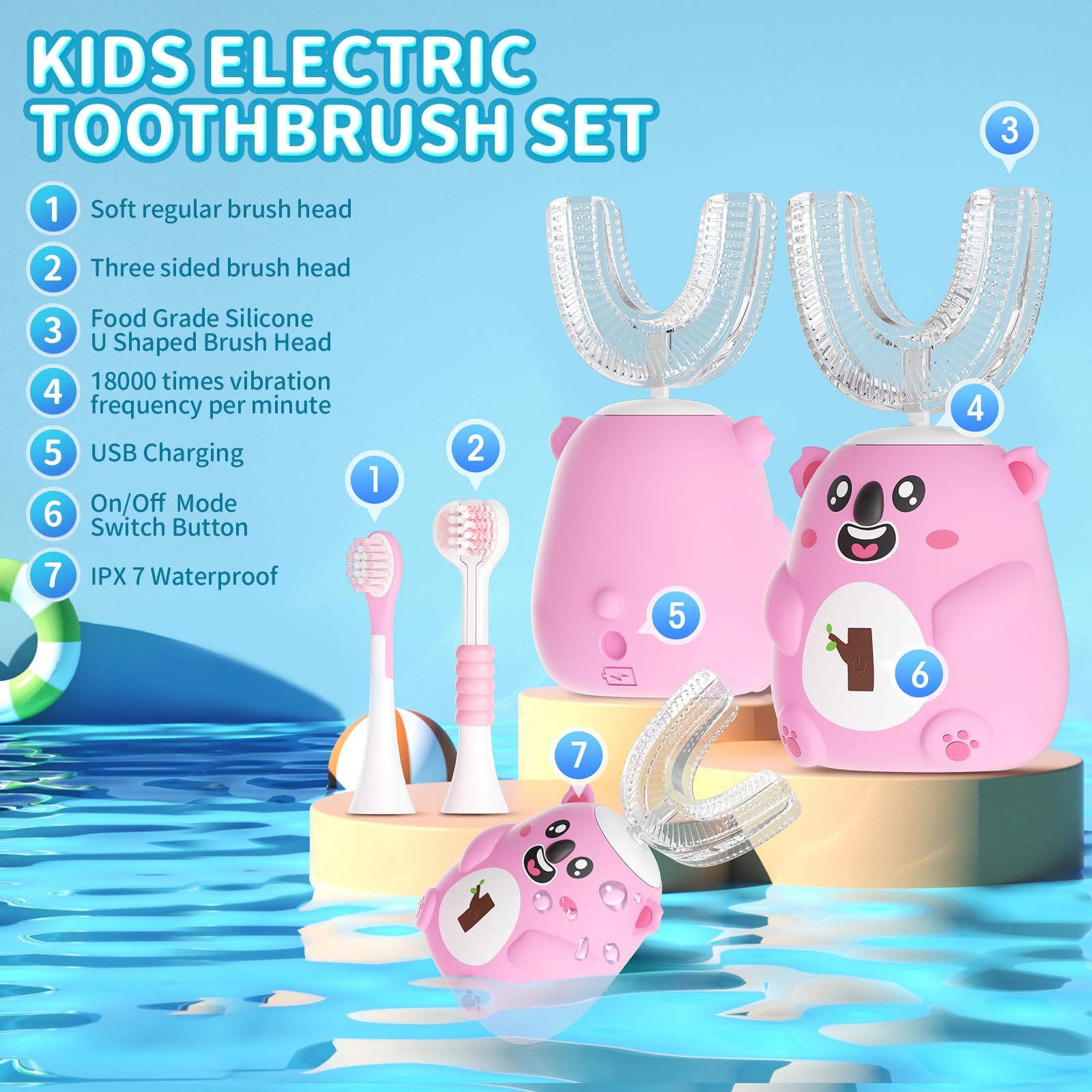 QDCYP Kids U-Shaped Electric Toothbrush – 360° Cleaning, 6 Modes, Ages 2-6 (Pink)