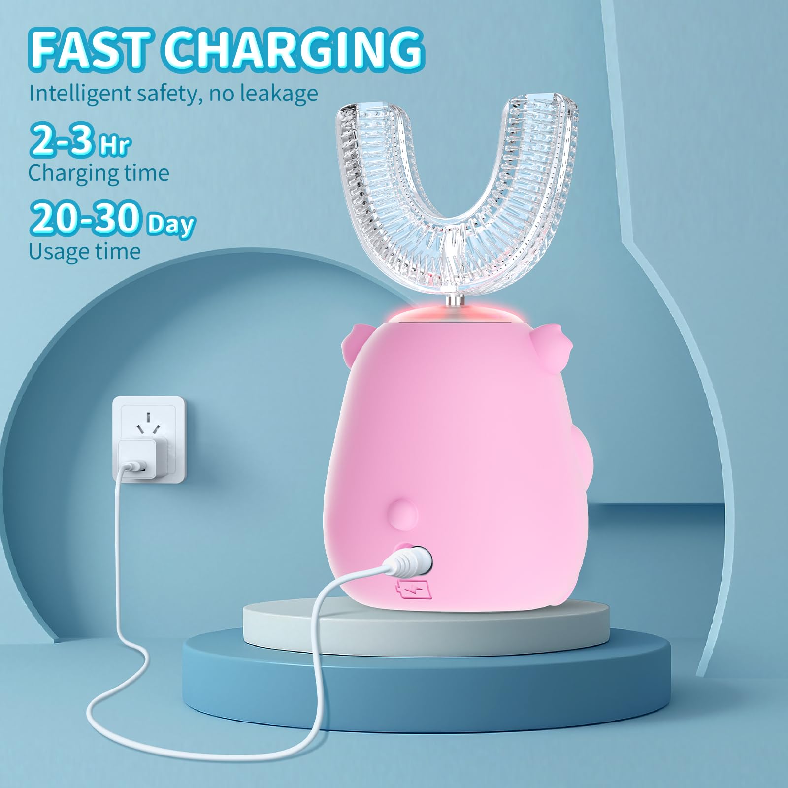 QDCYP Kids U-Shaped Electric Toothbrush – 360° Cleaning, 6 Modes, Ages 2-6 (Pink)