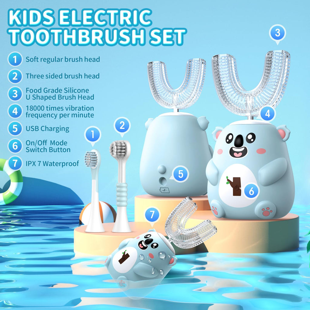 QDCYP Kids U-Shaped Electric Toothbrush | 6 Modes, 4 Brush Heads, Koala Design (Ages 2-6)