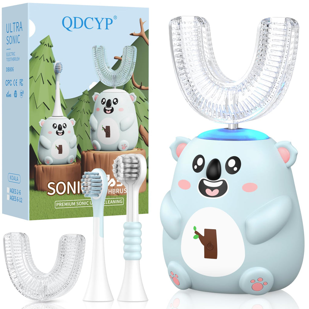 QDCYP Kids U-Shaped Electric Toothbrush | 6 Modes, 4 Brush Heads, Koala Design (Ages 2-6)