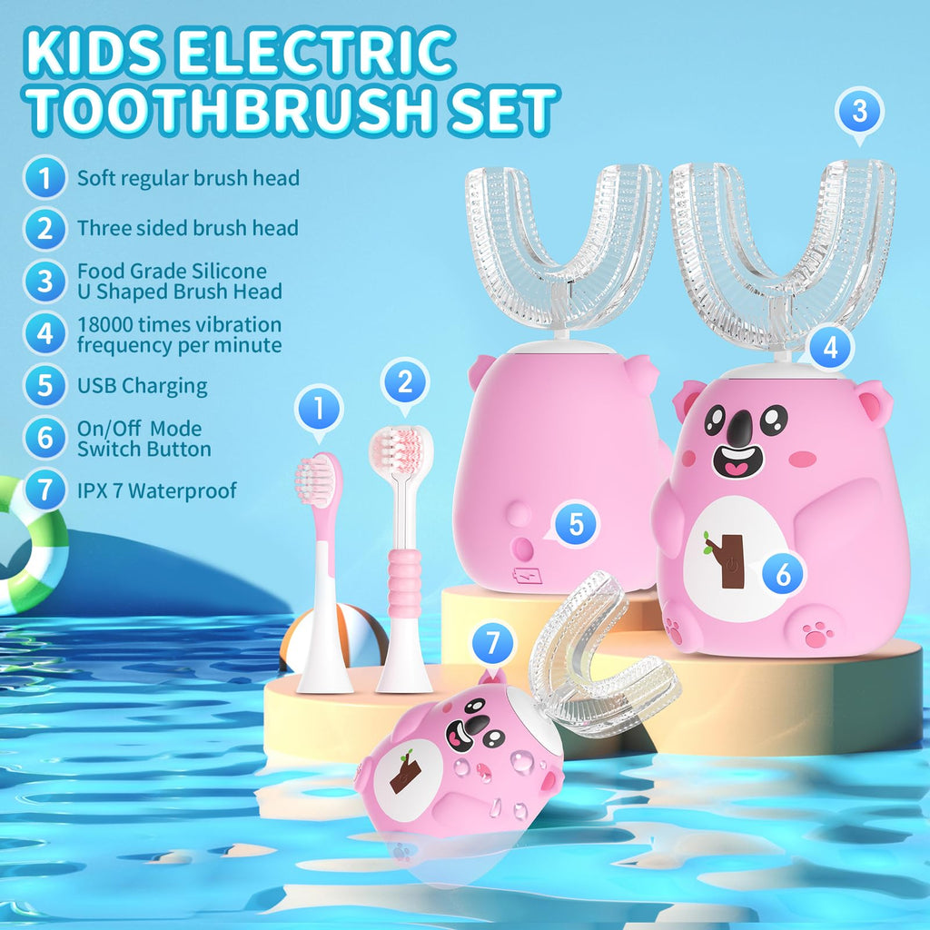 QDCYP Kids U-Shaped Electric Toothbrush (6-12) – 360° Sonic Cleaning, 6 Modes, 4 Heads, Koala Pink