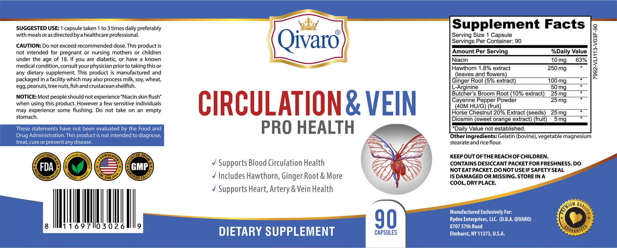 Qivaro Circulation & Vein Pro Supplement – Niacin, L-Arginine, Ginger, Cayenne Pepper, Hawthorn & Diosmin | 90 Capsules