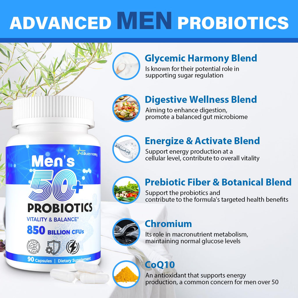 QIVERNAMY Probiotics for Men 50+ — 850B CFU, CoQ10, 360 Caps, 1800mg Prebiotic Fiber