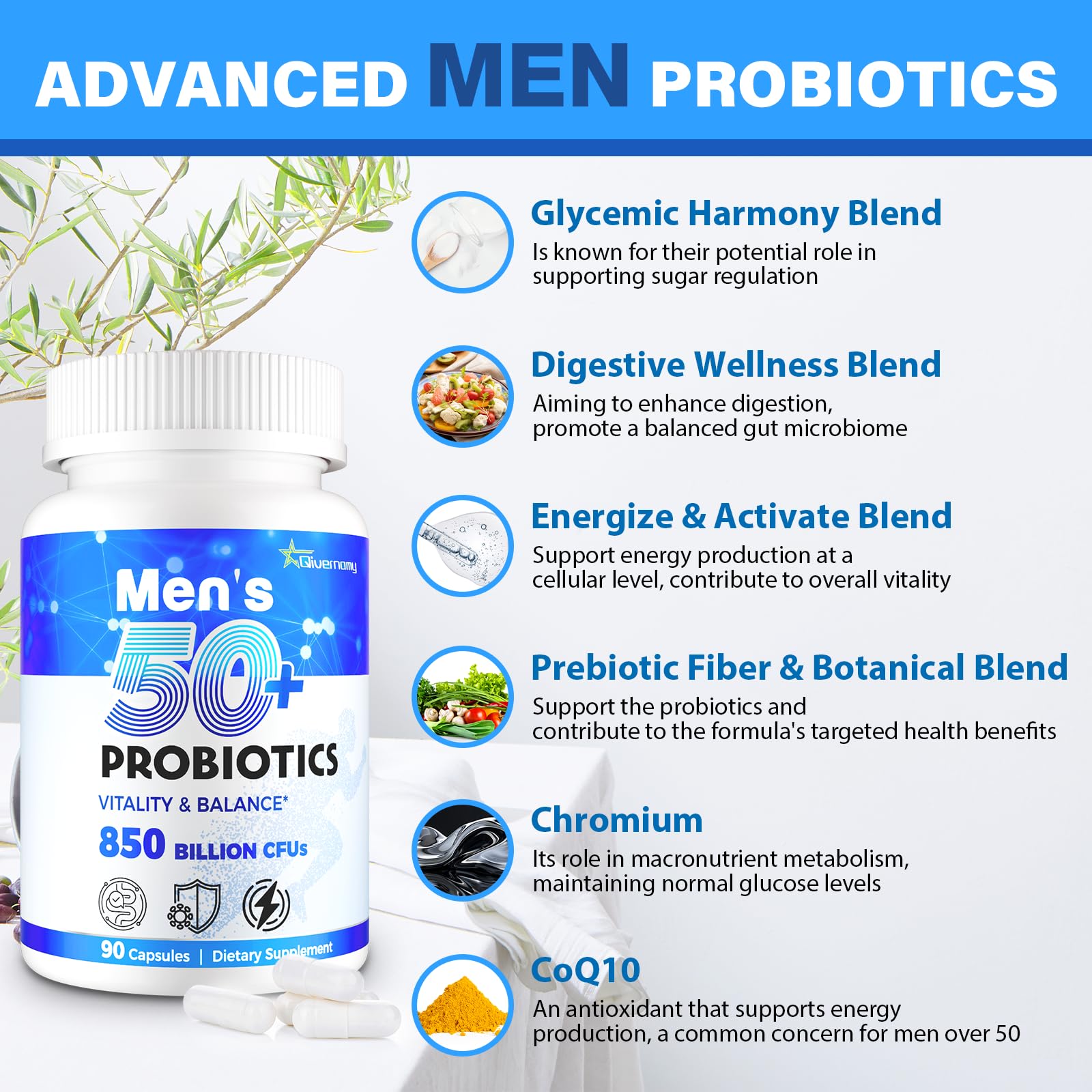 QIVERNAMY Probiotics for Men 50+ — 850B CFU, CoQ10, 360 Caps, 1800mg Prebiotic Fiber