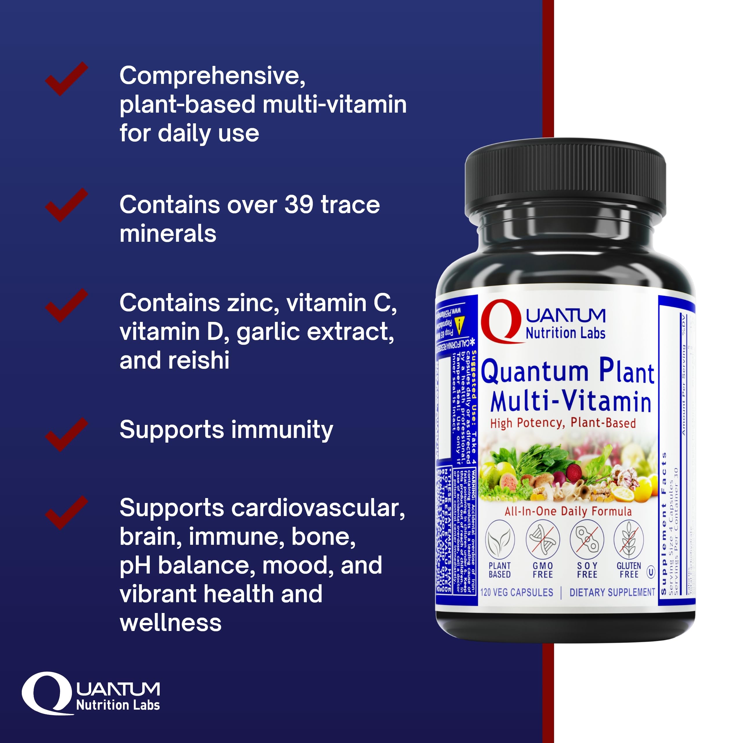 QNL Quantum Plant Multi-Vitamin – Complete Plant-Based Multivitamin for Immune Support (120 Capsules)