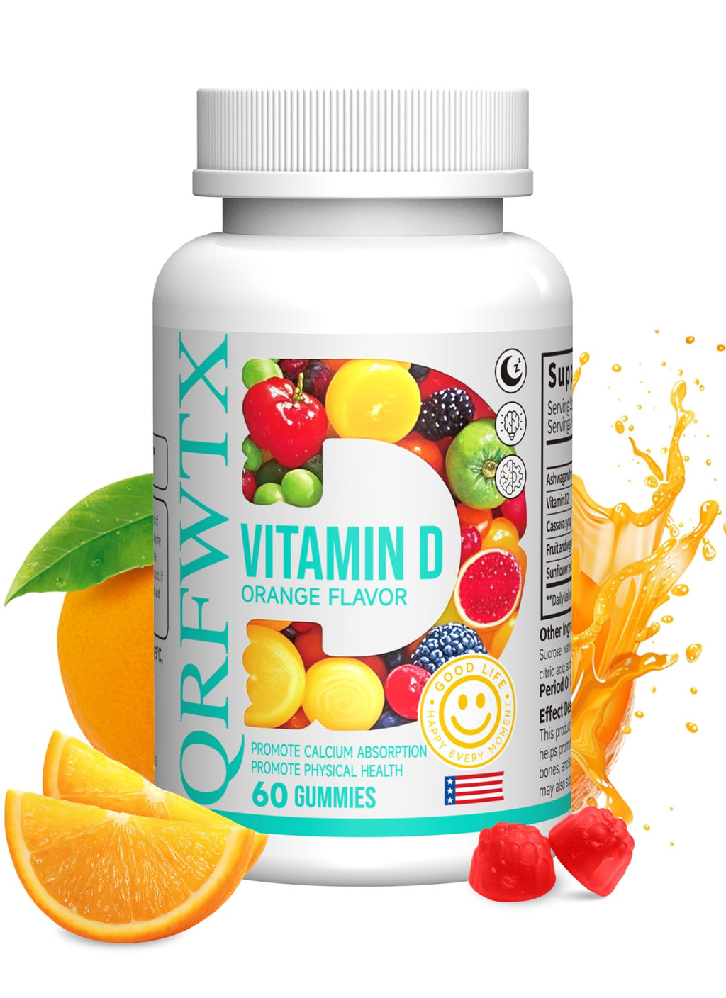 QRFWTX Vitamin D2 Gummies 1000 IU – Vegan, Ashwagandha, Plant-Based D2, Gluten Free, Non-GMO, 60 Count (Orange)