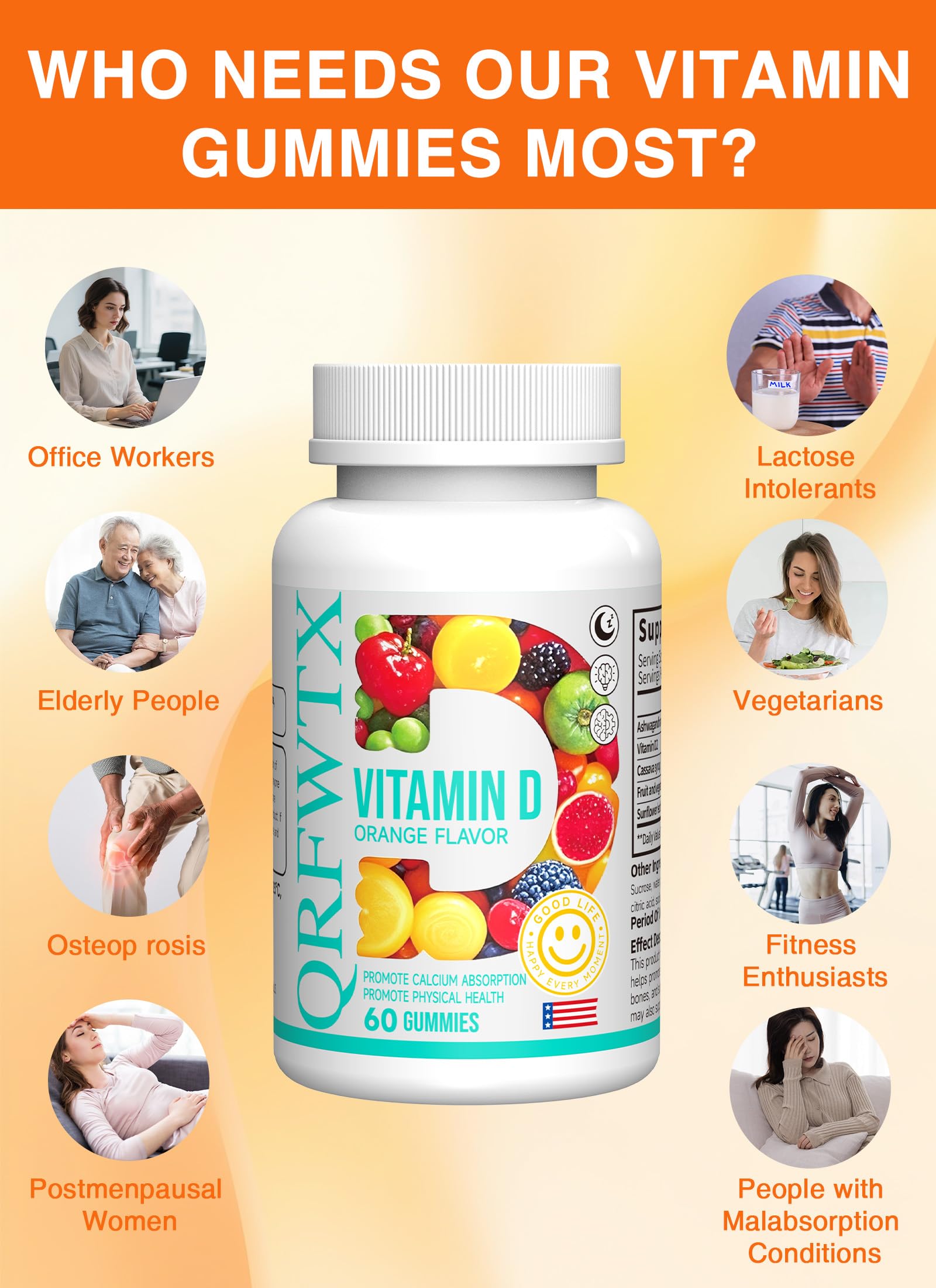QRFWTX Vitamin D2 Gummies 1000 IU – Vegan, Ashwagandha, Plant-Based D2, Gluten Free, Non-GMO, 60 Count (Orange)