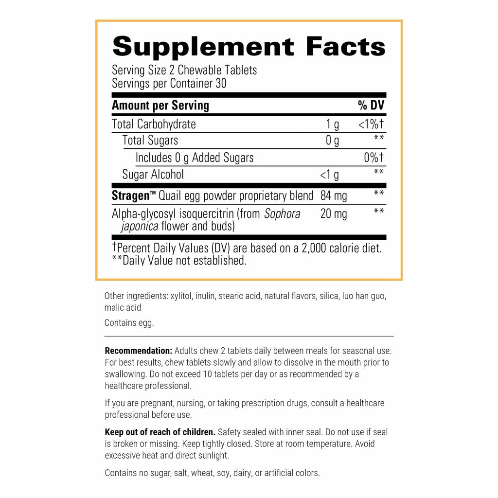 AllQlear Seasonal Immune Support – Quail Egg Powder, Berry Flavor, Dairy-Free | Integrative Therapeutics | 60 Chewable Tablets (30 Servings)