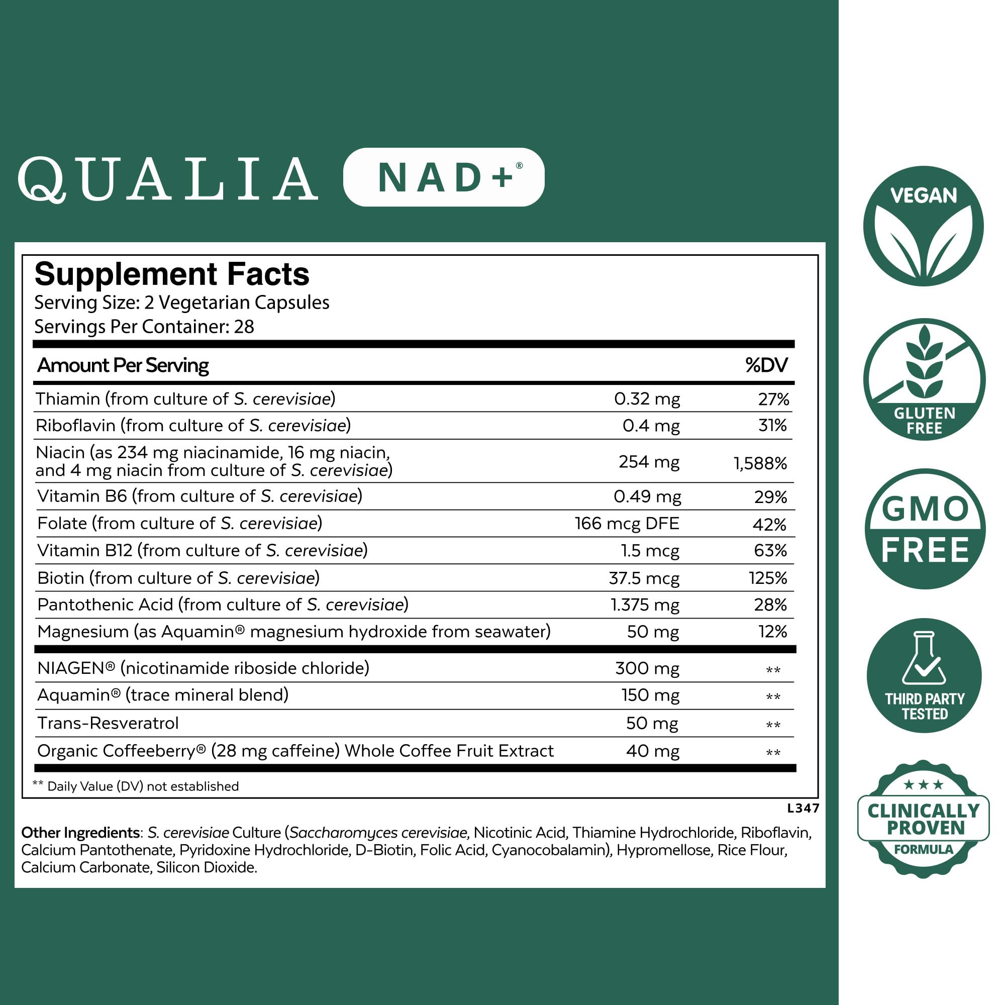 Qualia NAD Supplement — Clinically Boost NAD+ Up to 67% | Niagen, Niacin & Niacinamide | 1 Month Supply