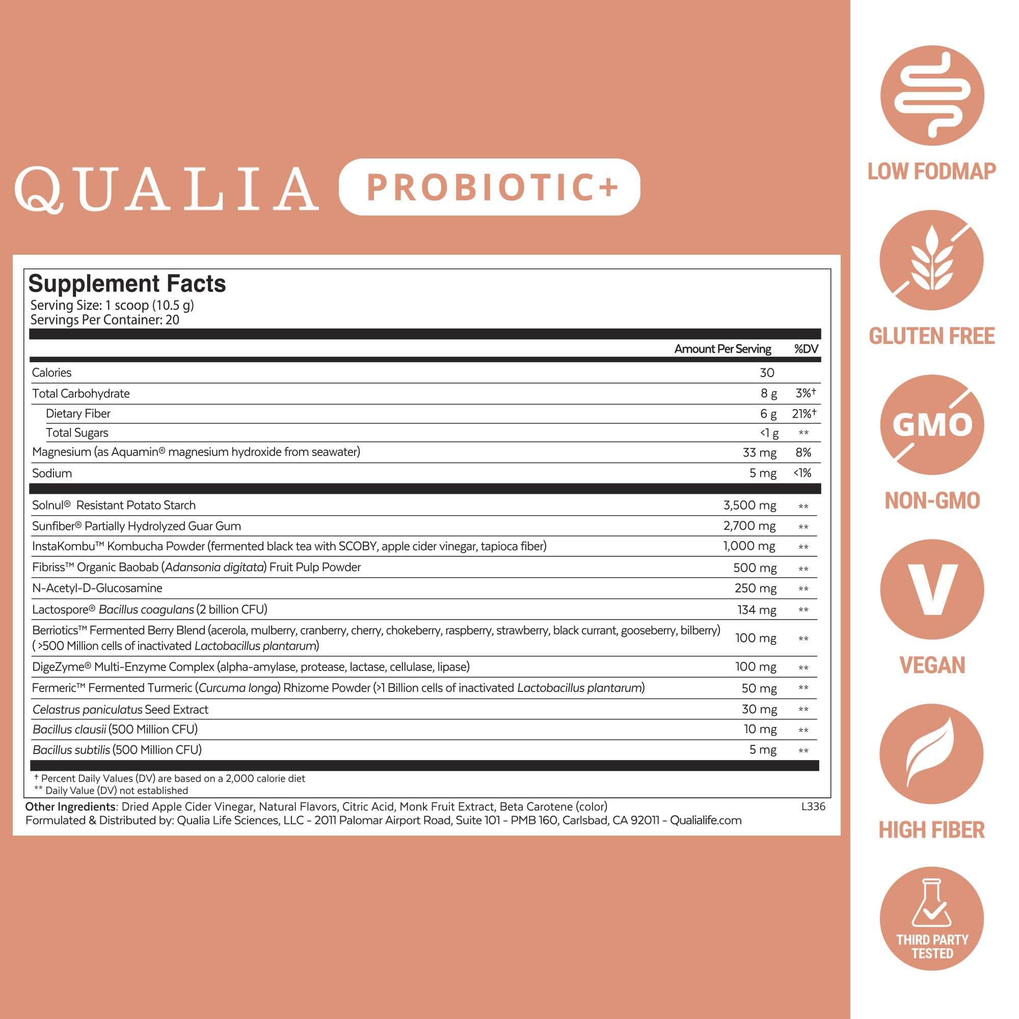 Qualia Probiotic – 28-Component Synbiotic for Gut Health (1 Month Supply)