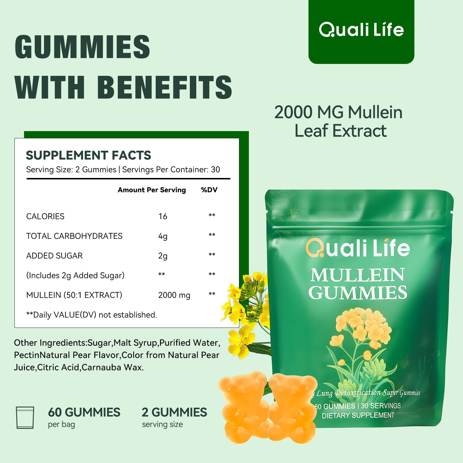 QualiLife Mullein Gummies for Lungs – 2000mg Mullein Leaf Extract | Pear Flavor