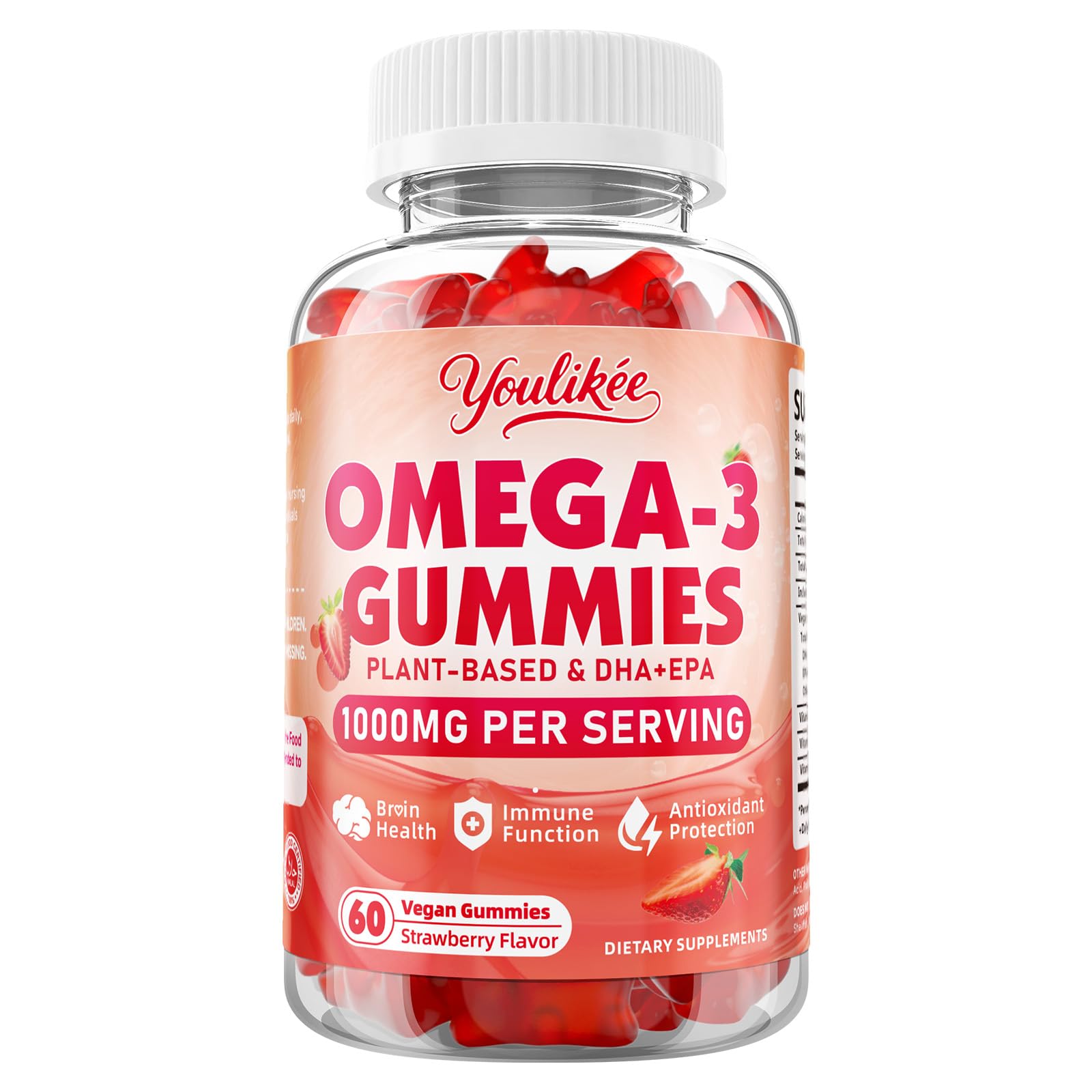 Vegan Omega-3 Gummies 1000mg | Algae DHA 460mg & EPA 230mg | Strawberry