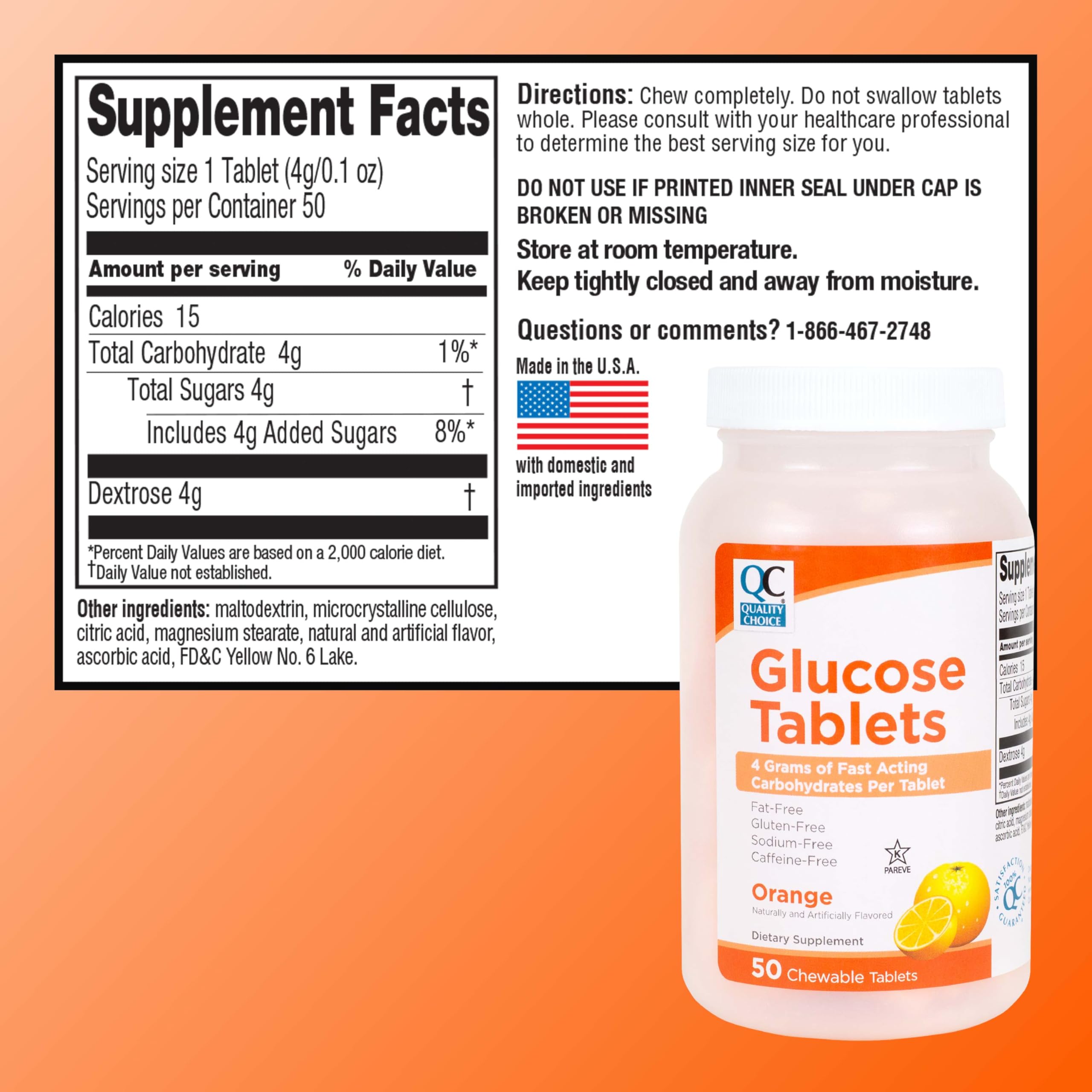 Quality Choice Fast Acting Glucose Tablets - Orange Flavor, 50 Count