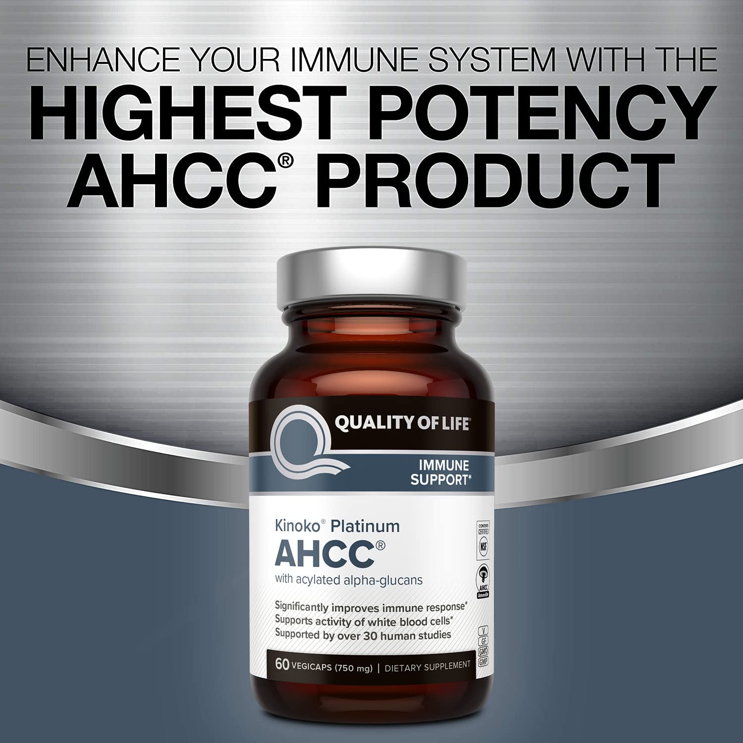 Quality of Life AHCC Kinoko Platinum 750 mg – Premium Immune Support (Pack of 2, 60 Count Bottles)