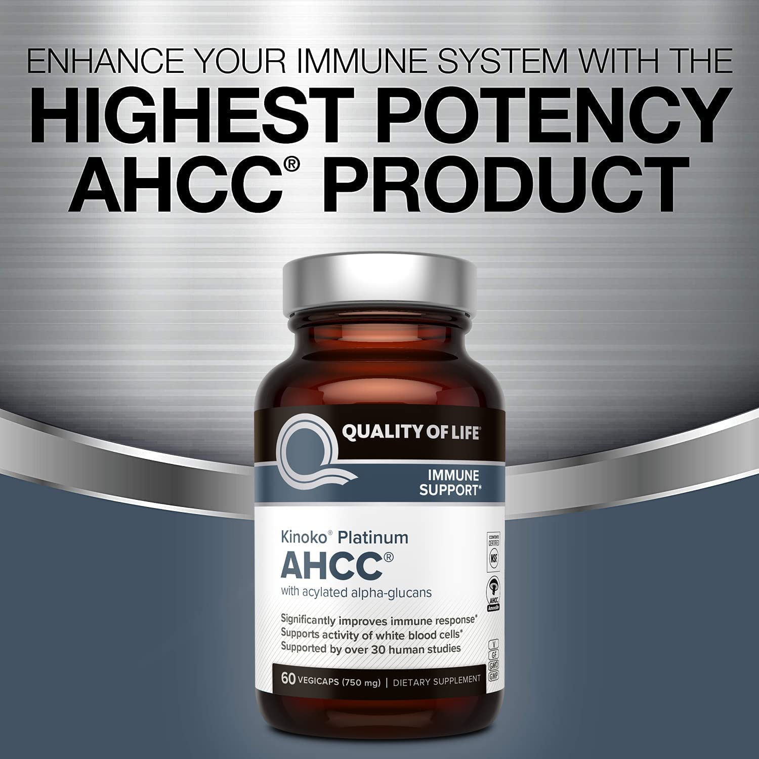 Quality of Life AHCC Kinoko Platinum 750 mg – Immune Support Pack of 3 (60 Count Bottles)