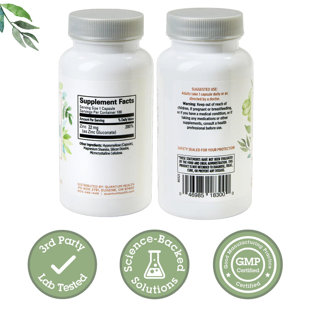 Quantum Health Zinc 22 mg – 100 Capsules | Zinc Supplement for Skin, Growth & Vision