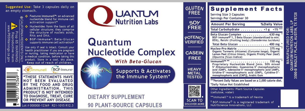 Quantum Nucleotide Complex Beta Glucan Immune Support - 400 mg 1,3 Beta-Glucan per Serving | 90 Vegetarian Capsules | Quantum Nutrition Labs
