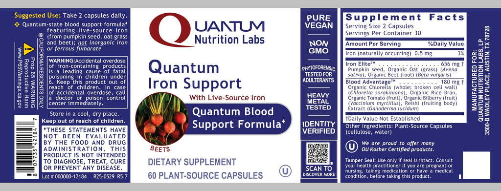 Quantum Nutrition Labs Iron Support - Vegan, Gentle Low-Dose Iron for Women & Men (60 Vegetarian Capsules)