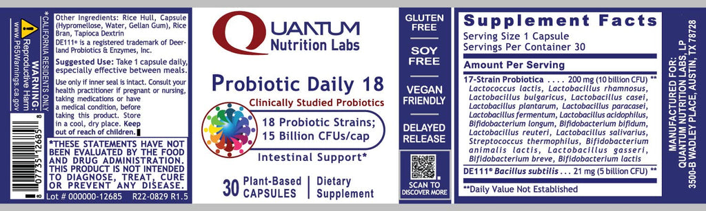 Quantum Nutrition Labs Probiotic Daily 18 – Digestive Health Probiotics (30 Vegetarian Capsules)