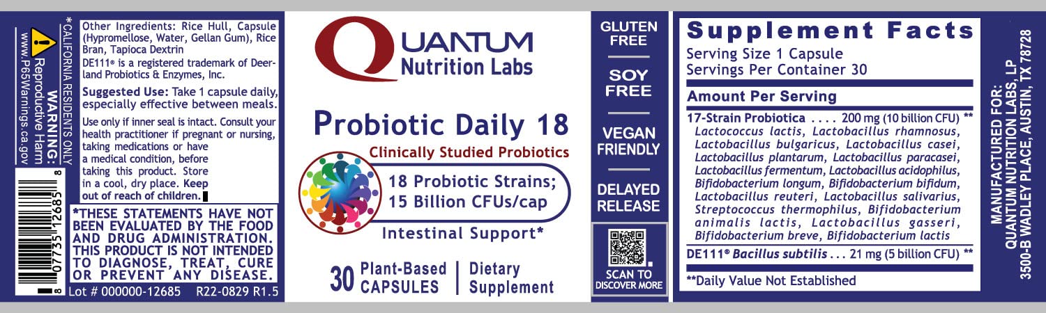 Quantum Nutrition Labs Probiotic Daily 18 – Digestive Health Probiotics (30 Vegetarian Capsules)