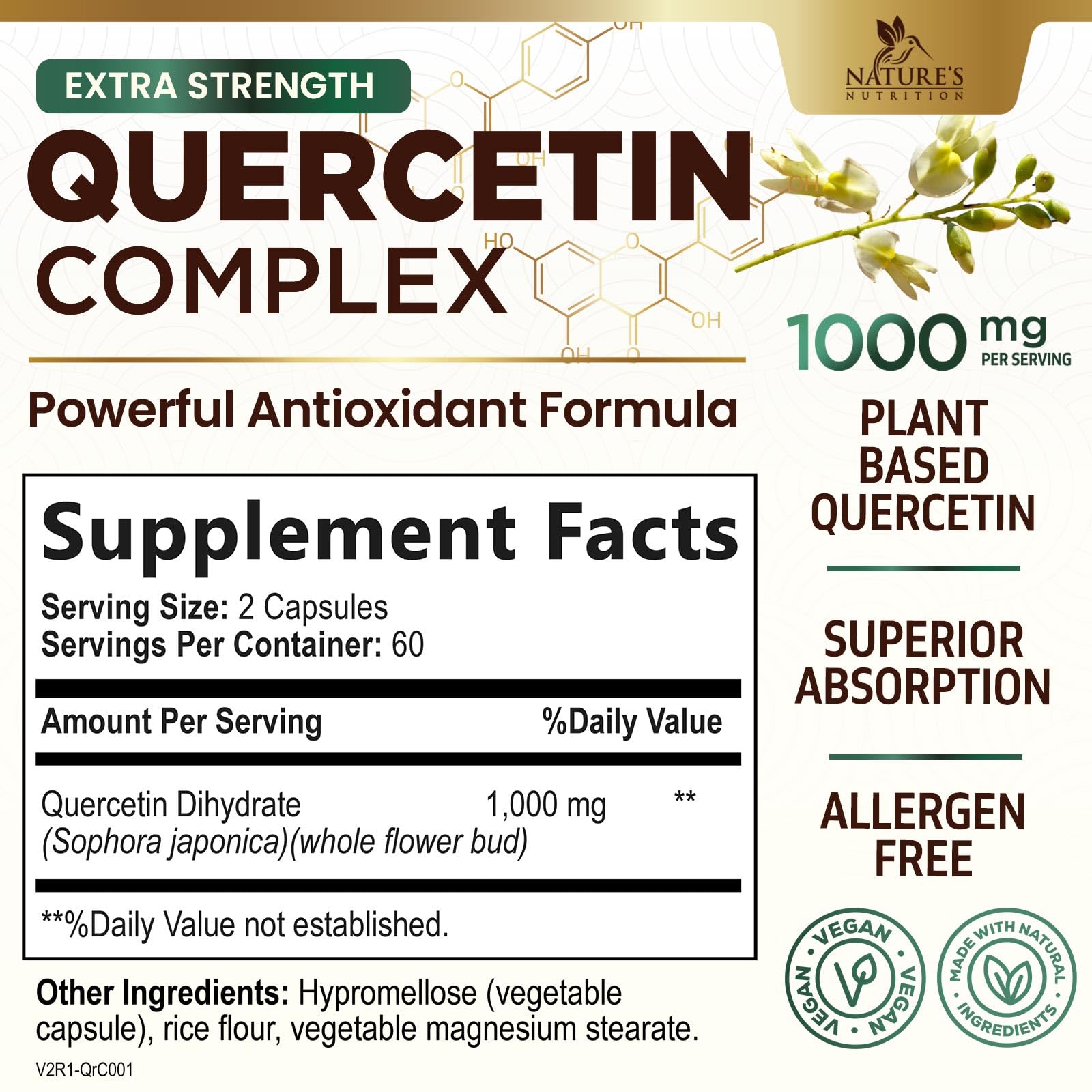 Quercetin Supplement 1000mg - Extra Strength Plant-Based Bioflavonoids for Immune & Respiratory Support