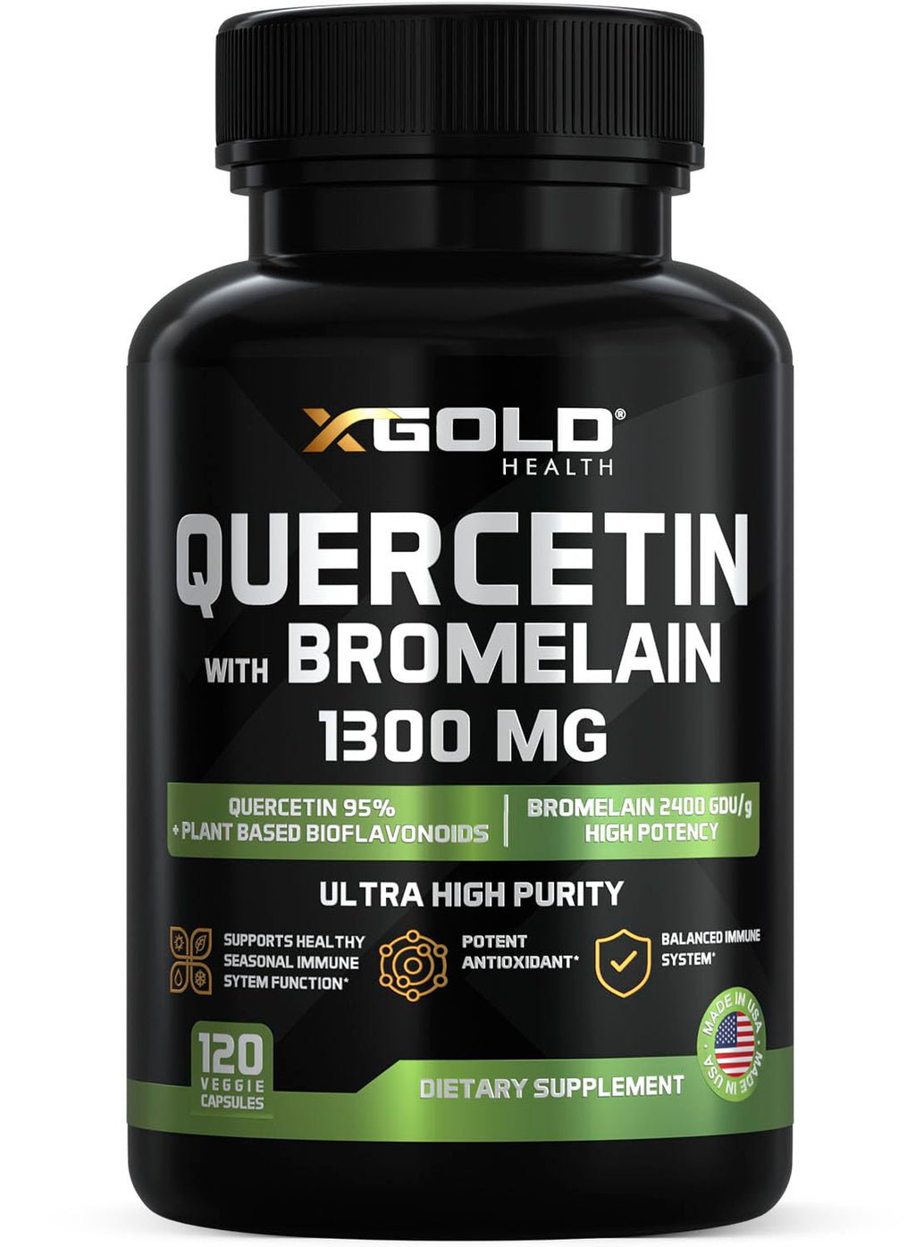 Quercetin + Bromelain 1300mg – 95% Quercetin, 2400 GDU/g Bromelain | Made in USA | 120 Caps