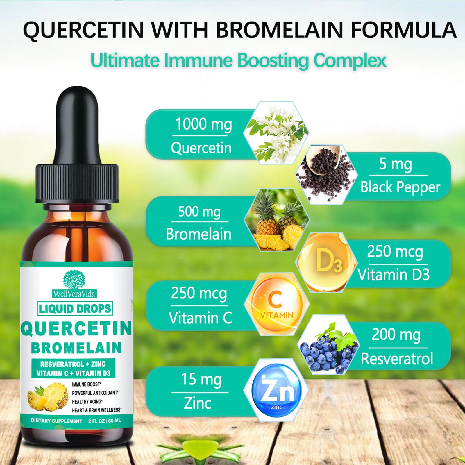 2 Pack Quercetin with Bromelain Liquid Drops – Immune Support (Zinc, Vitamin C, D3)