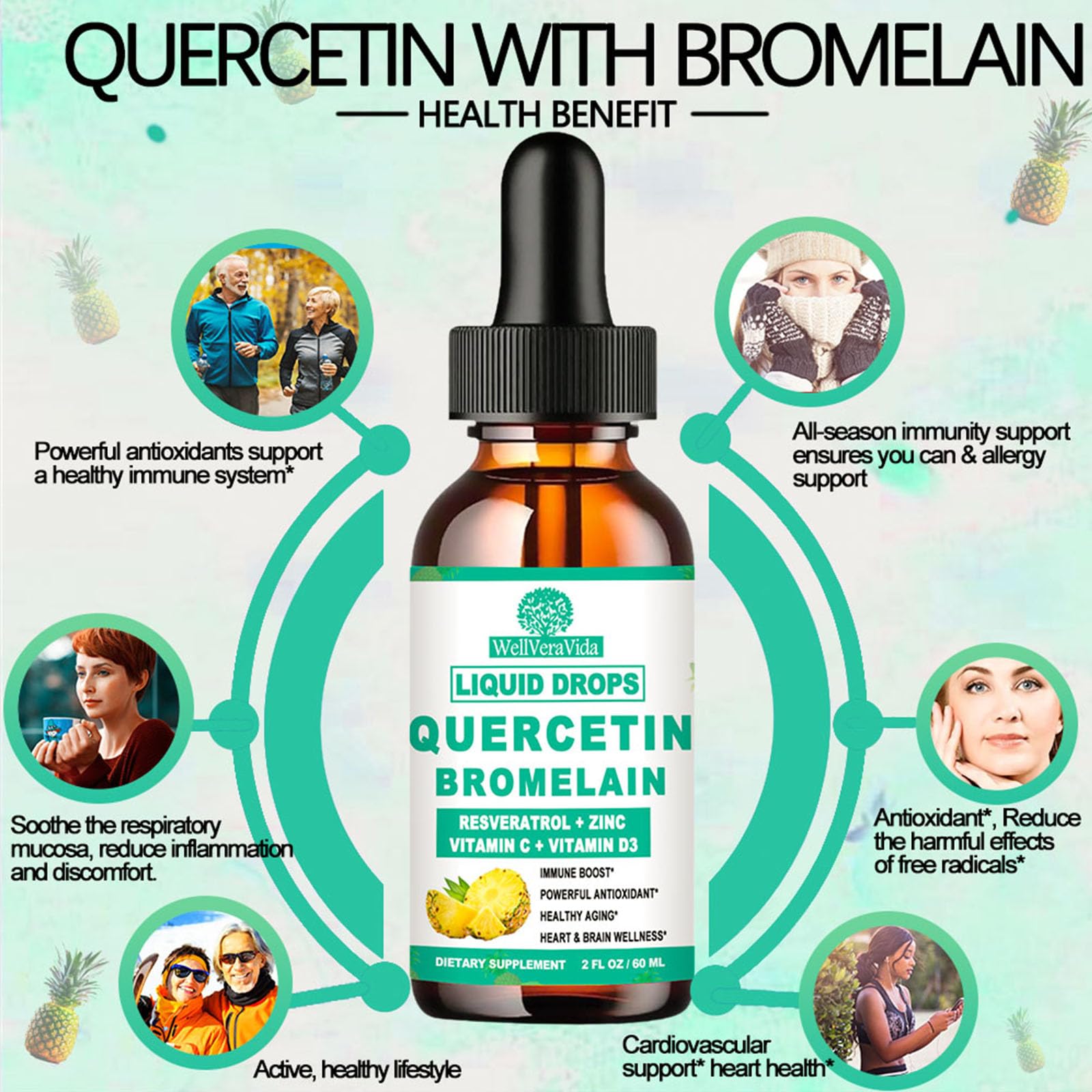 2 Pack Quercetin with Bromelain Liquid Drops – Immune Support (Zinc, Vitamin C, D3)
