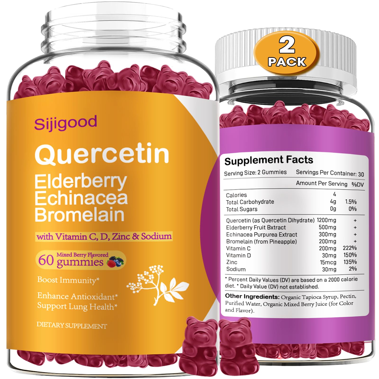 2 Packs Quercetin Gummies with Bromelain + Elderberry, Echinacea, Vitamin C, D & Zinc – Immune Support (120 Count)