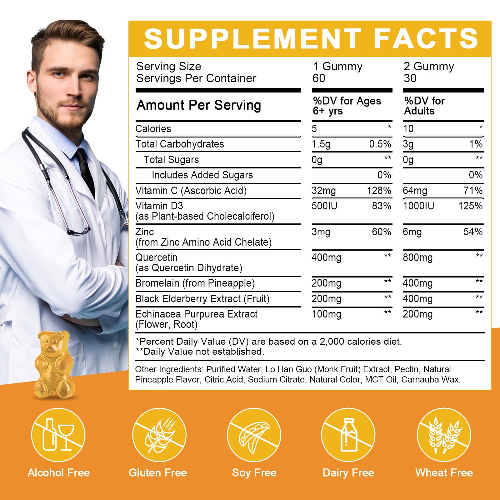 Quercetin Gummies with Bromelain - Immune Support for Adults & Kids, 800mg Quercetin, Pineapple Flavor, Sugar Free, Vegan | 60 Count