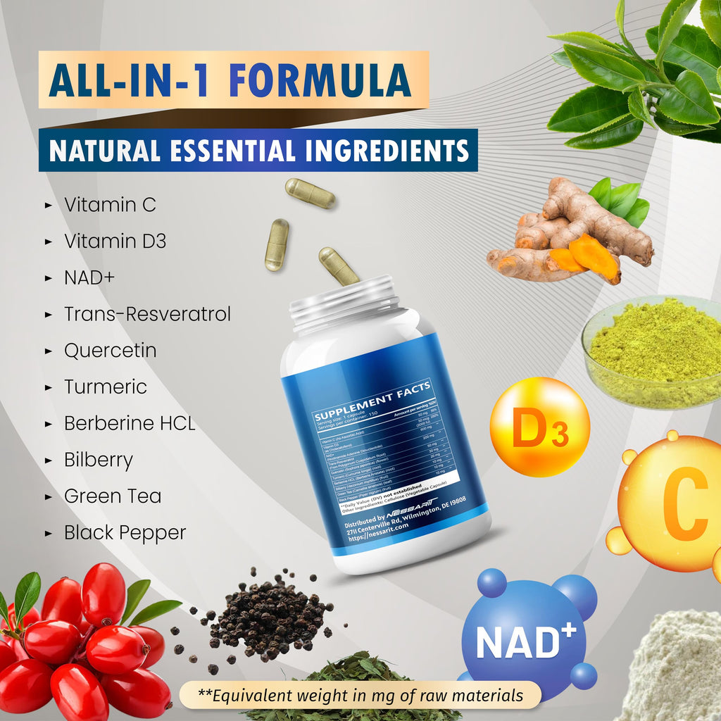NAD+ Resveratrol Supplement - 10-in-1 Natural Blend with Quercetin, Turmeric, Berberine, Bilberry, Green Tea - 150 Count - Made & Tested in the USA