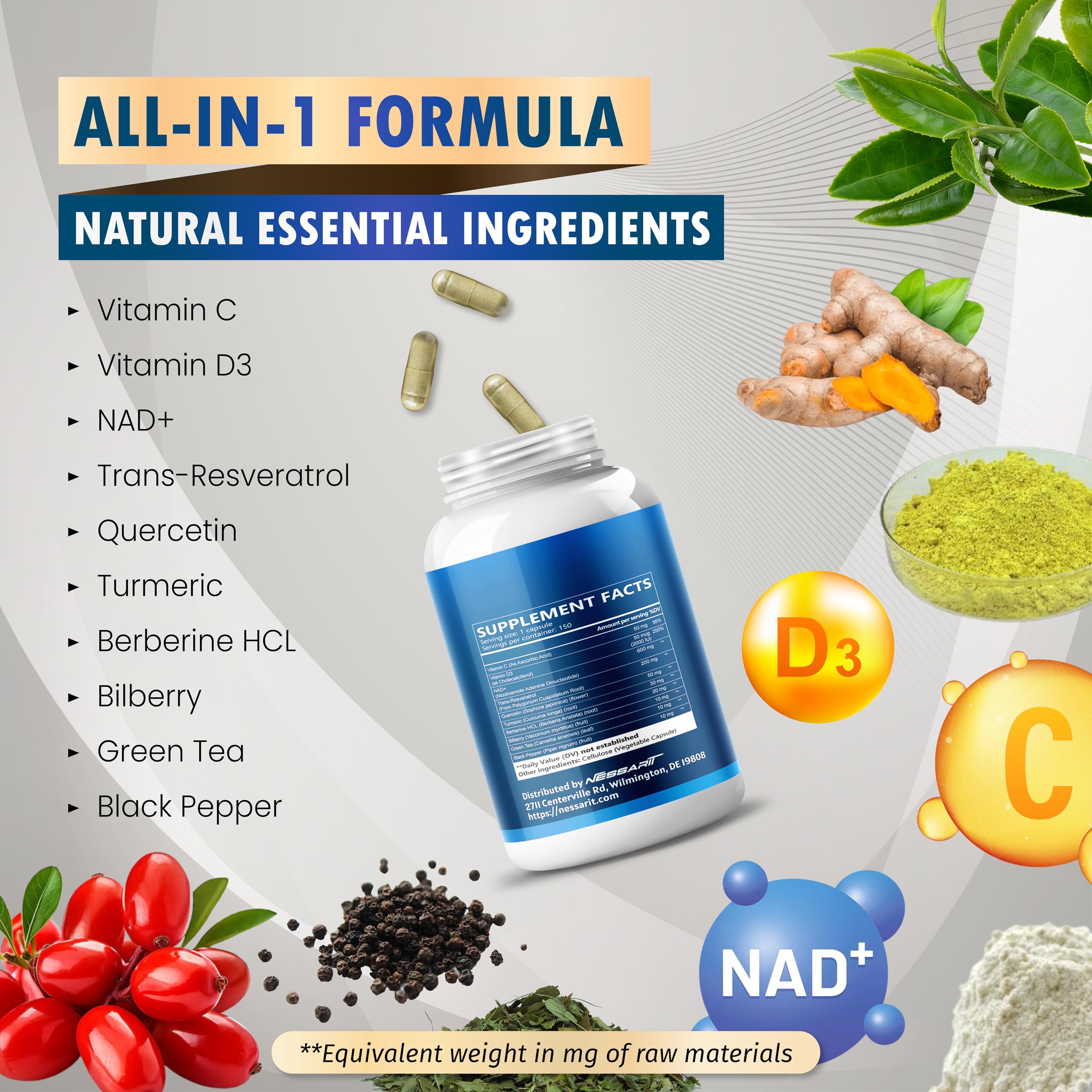 NAD+ Resveratrol Supplement - 10-in-1 Natural Blend with Quercetin, Turmeric, Berberine, Bilberry, Green Tea - 150 Count - Made & Tested in the USA
