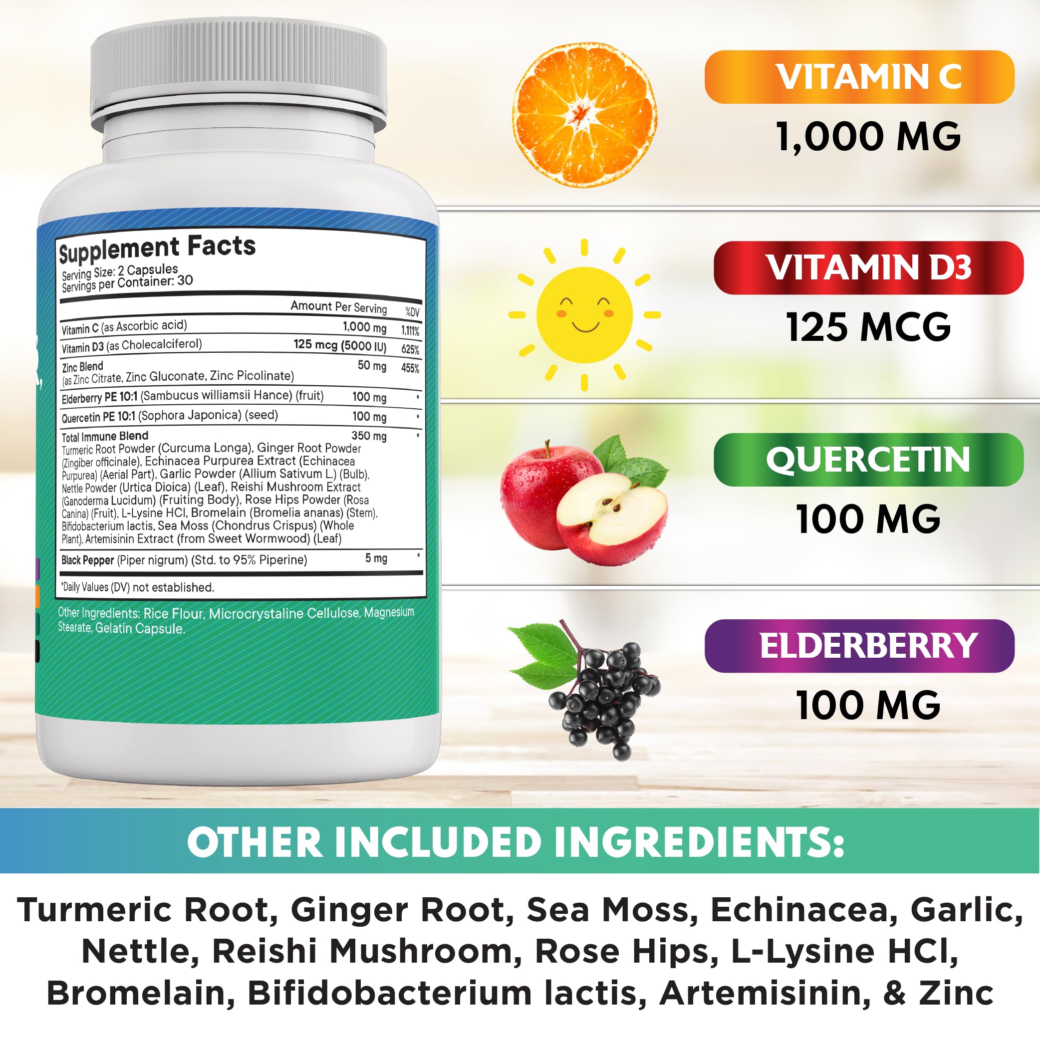 NEW AGE Quercetin Zinc Vitamin C Bromelain Elderberry — 180 Count Immune Support Formula