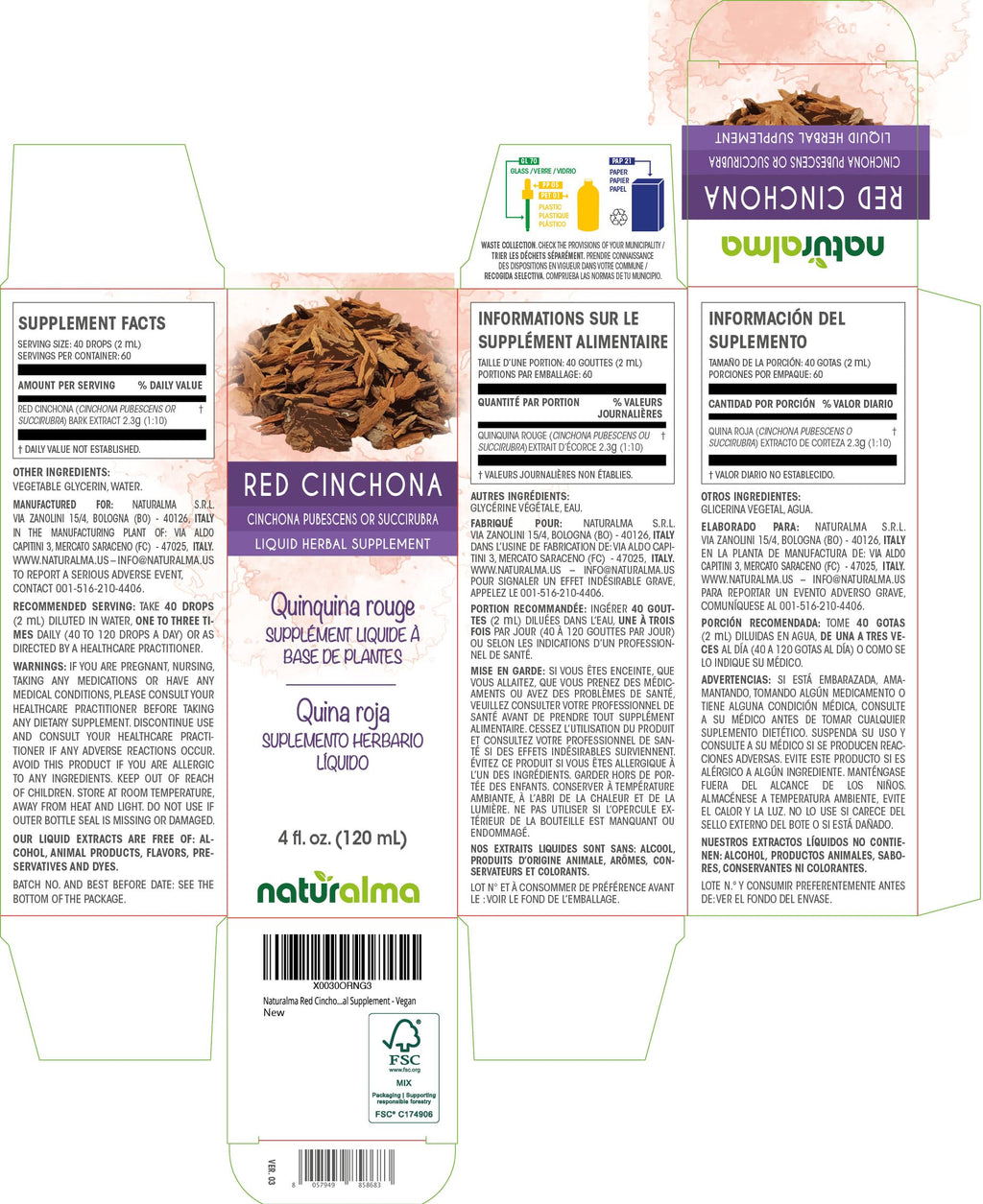 Naturalma Red Cinchona Bark Tincture - Alcohol-Free Quinine Drops 4 fl oz | Vegan, Made in Italy