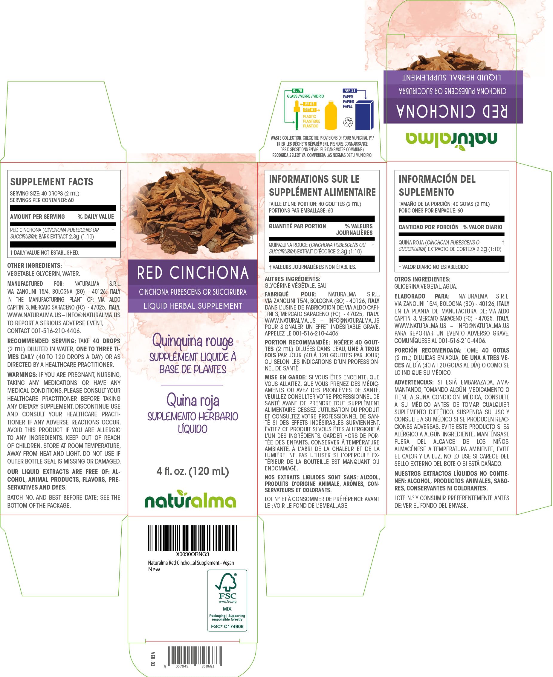 Naturalma Red Cinchona Bark Tincture - Alcohol-Free Quinine Drops 4 fl oz | Vegan, Made in Italy