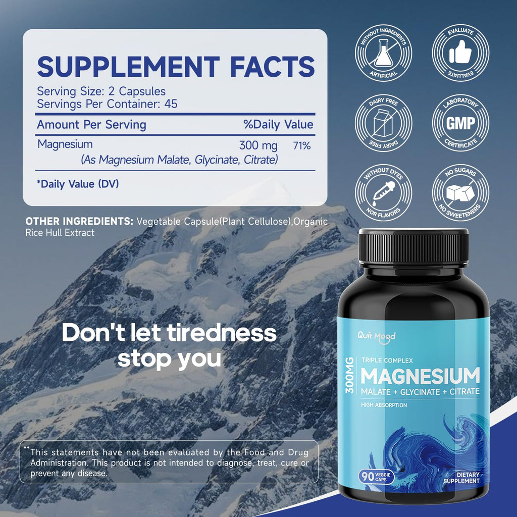 Quitmood Triple Magnesium Complex | 300mg of Magnesium Glycinate, Malate, & Citrate for Muscles, Nerves, & Energy | High Absorption | Vegan, Non-GMO | 90 Capsules