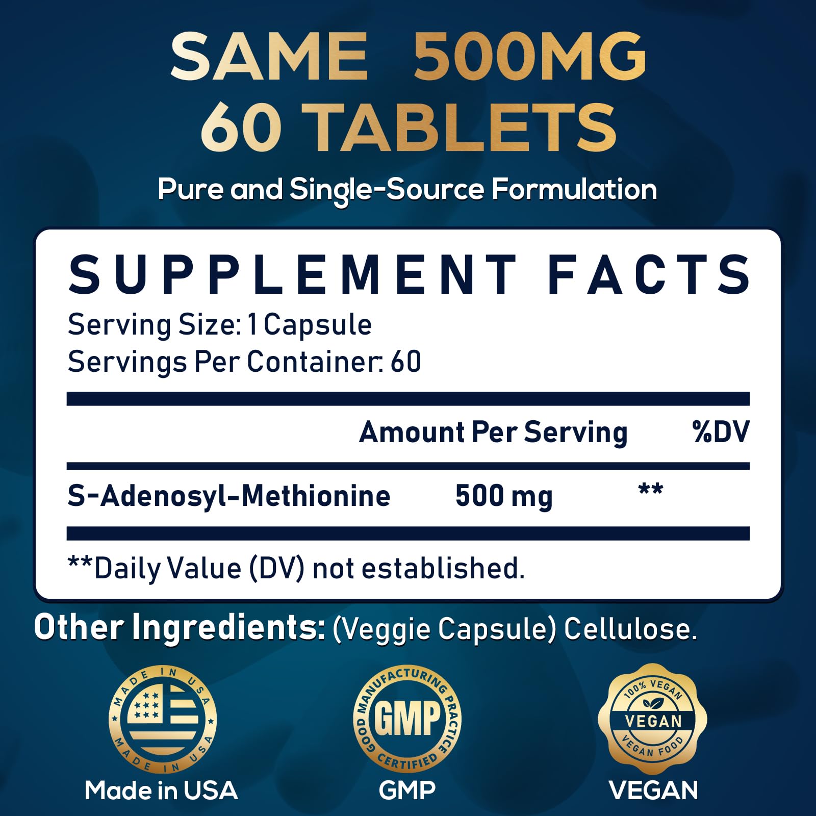 Quorinthiumax SAM-e 500mg | 25% Potent vs 400mg | Vegan | 60 Caps