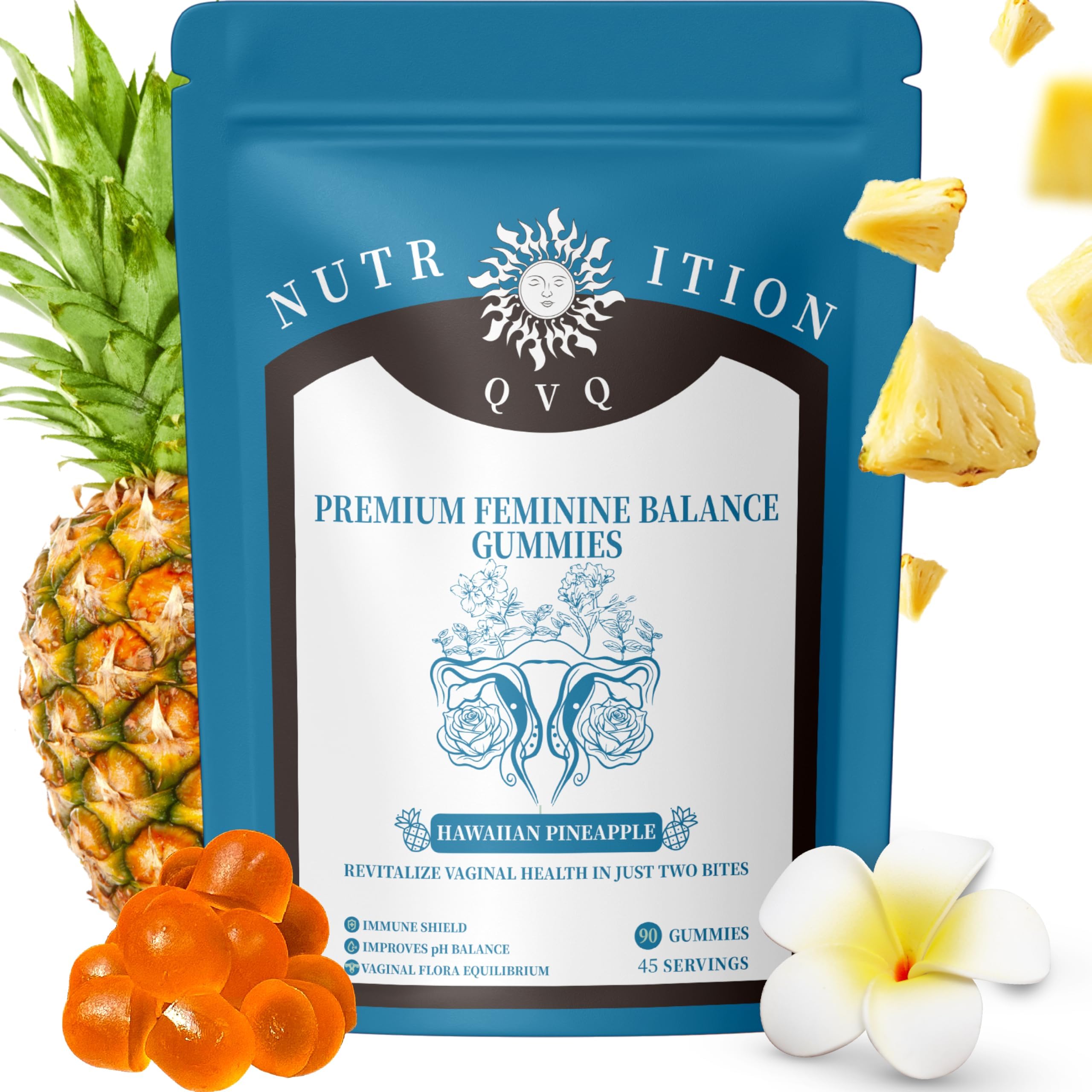 QVQ Pineapple pH Balance Gummies for Women's Health — Immune Support, Gluten-Free, Vegan Premium Feminine Balance (90 Count)