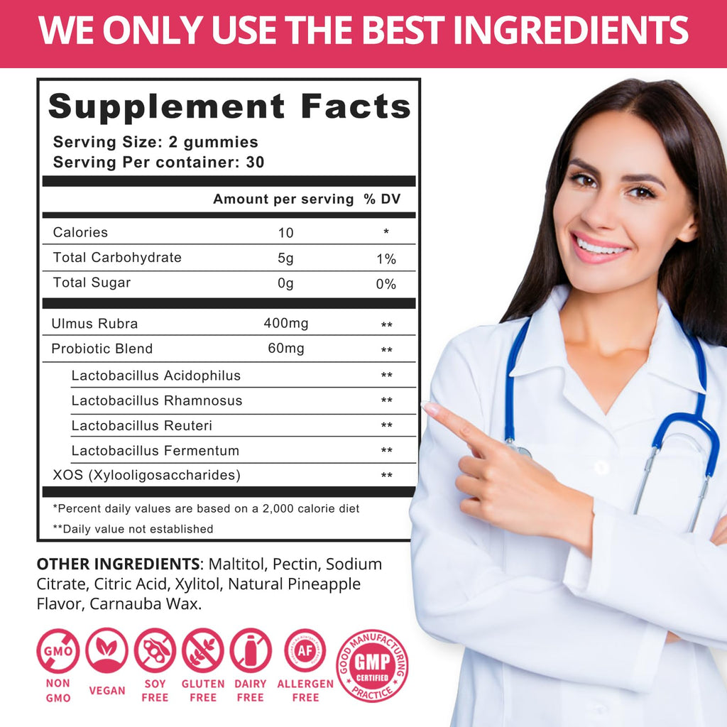 QVQ Women's Probiotic Slippery Elm Gummies – Pineapple Flavor, 60 Gummies (2-Pack) | Gluten-Free, Vegan, pH Balance